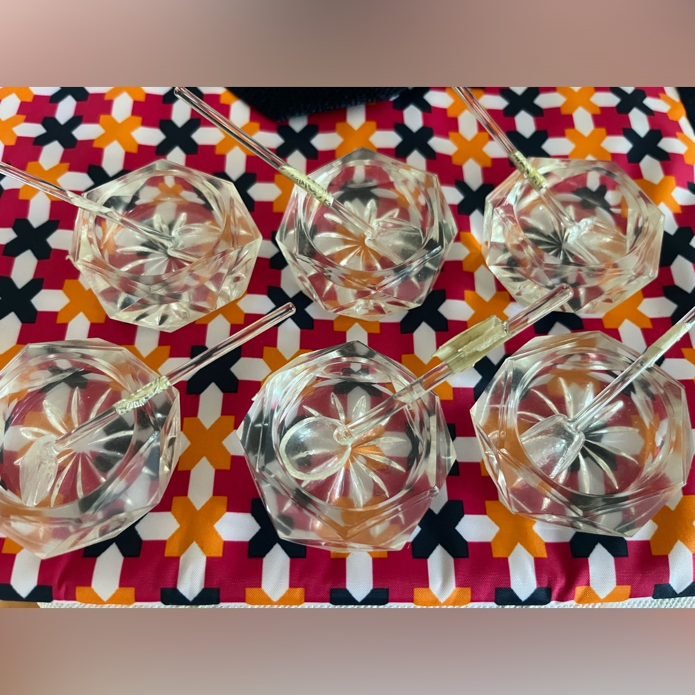 Set of (6) vintage glass / crystal salt dip/ salt cellars with spoon shovels